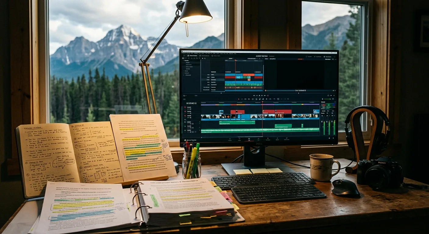 A cinematic editorial workspace scene with a large professional monitor displaying a multi-track video editing timeline with color-coded clips and markers, surrounded by handwritten notebooks, printed transcription documents covered in colorful highlighter markings, and a binder filled with annotated pages. In the background, a softly lit window reveals a dramatic mountain landscape with a peak emerging above a dense treeline, symbolizing creative progress. The desk is warmly lit, creating an atmosphere of focused creative work. The color palette blends deep forest greens, amber, and cool blue screen glow. Photorealistic, editorial documentary style.