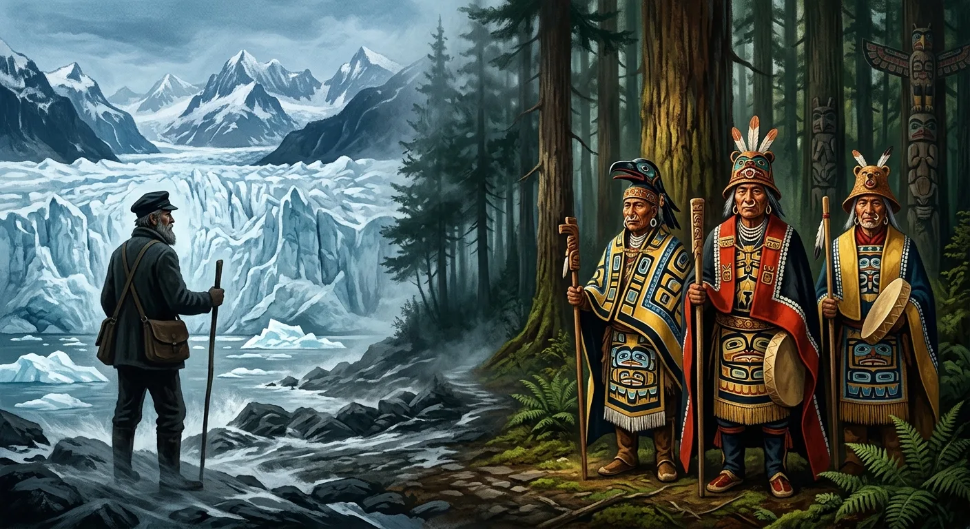 A dramatic split composition depicting John Muir as a weathered 19th-century naturalist silhouetted against a vast Alaskan glacier landscape on one side, and on the other side, three Tlingit leaders in elaborate traditional ceremonial regalia and woven blankets, standing proudly before towering old-growth forest. The two halves of the image meet at a misty treeline, symbolizing a complex historical encounter. The color palette contrasts warm golden tones of indigenous heritage with the cold blue-white of glacial wilderness. The mood is contemplative and morally weighty, rendered in the style of a painterly editorial illustration with rich textures and atmospheric depth, evoking both the grandeur of American wilderness conservation history and the painful legacy of racial erasure.