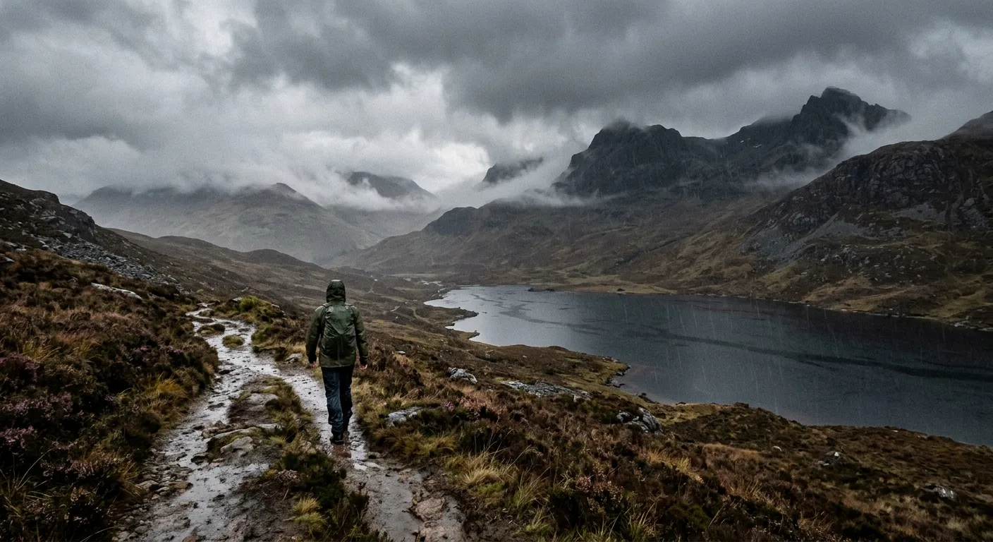 A dramatically moody Scottish Highland landscape on a grey, overcast day, with rolling misty hills, a dark brooding loch reflecting stormy skies, and sparse heather in muted purples and browns. Heavy rain sweeps across the scene in visible curtains, a lone figure in a waterproof jacket trudges along a muddy trail, soaked through. The atmosphere is quintessentially dreich — bleak, raw, and romantically gloomy — with low clouds hugging the mountain peaks and a cold sea mist creeping in from the distance. The color palette is desaturated greys, deep greens, and moody blues, evoking the raw, unforgiving beauty of Scottish winter weather. Cinematic editorial photography style, wide-angle landscape shot.