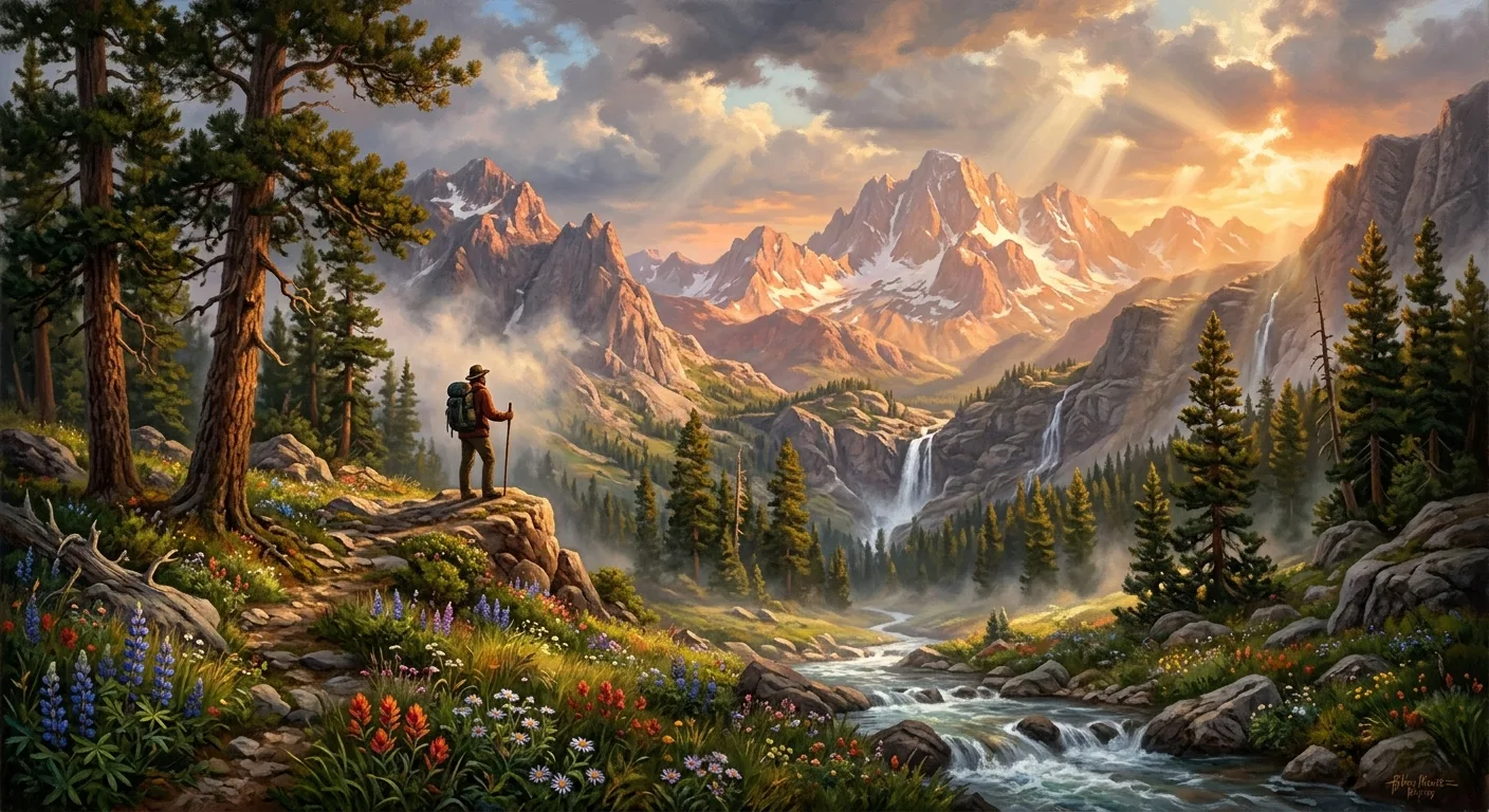 A lone hiker stands silhouetted against a breathtaking Sierra Nevada mountain panorama at golden hour, surrounded by ancient pine trees, cascading waterfalls, and glacial granite peaks bathed in warm amber and rose light. Wildflowers dot the alpine meadow in the foreground while dramatic storm clouds part to reveal rays of sunlight piercing through, illuminating mist rising from a crystal-clear mountain stream. The scene evokes deep wilderness solitude and spiritual connection with nature, painted in a luminous, romantic naturalist style reminiscent of 19th-century American landscape paintings by the Hudson River School, with rich atmospheric depth, lush greens, and majestic scale that makes the human figure appear small yet profoundly at home in the wild.