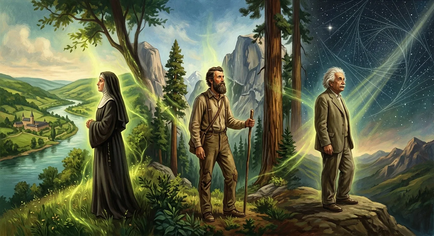 A sweeping, cinematic editorial illustration depicting three iconic figures from different centuries standing at a distance within a vast, luminous wilderness landscape — a medieval woman in a dark habit, a bearded 19th-century naturalist in worn trail clothes, and a contemplative older man in a simple suit — each gazing outward into a transcendent natural world that surrounds and connects them. The landscape merges the lush green Rhineland river valleys, towering Sierra Nevada granite peaks and ancient sequoias, and the geometric swirl of a starfield and light beams suggesting the fabric of spacetime. Golden-green light — viriditas — pulses through the vegetation and atmosphere, unifying all three scenes into one continuous visual field. The mood is reverent, awe-struck, and quietly powerful, rendered in a painterly, atmospheric style with rich earth tones, deep forest greens, and celestial blues, evoking both sacred wilderness and cosmic wonder.