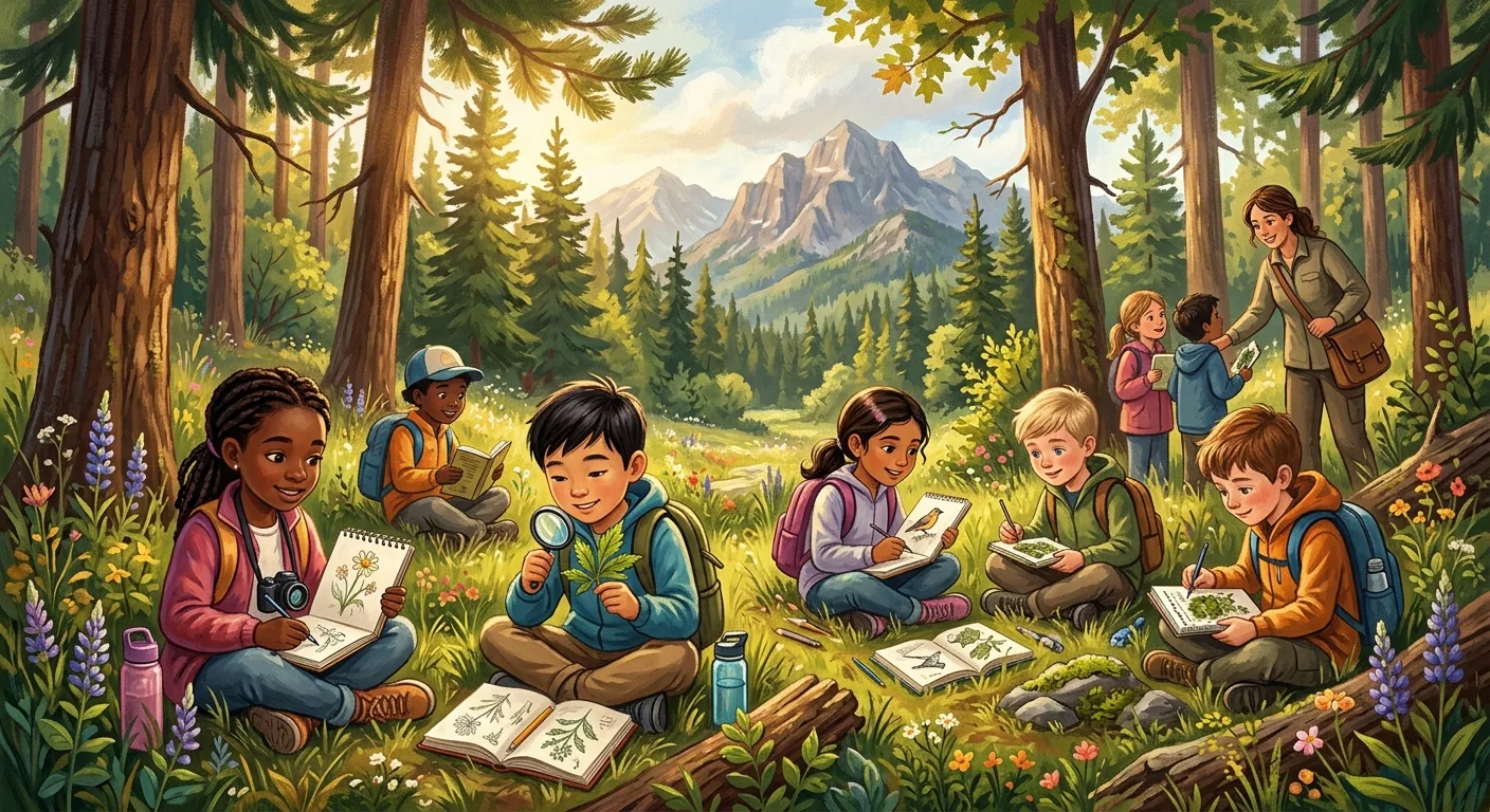 A young diverse group of elementary school students sitting outdoors in a lush, sunlit forest meadow surrounded by towering trees, engaged in hands-on nature journaling and field study activities. Some children sketch plants and wildlife in notebooks, others examine leaves and rocks with curiosity and wonder. A knowledgeable teacher guides them gently in the background. The scene evokes the spirit of John Muir's wilderness, with golden light filtering through the forest canopy, wildflowers in the foreground, and distant mountains visible on the horizon. The atmosphere is inspiring, educational, and deeply connected to the natural world. Painterly editorial illustration style with warm, vibrant colors and a sense of discovery and environmental stewardship.